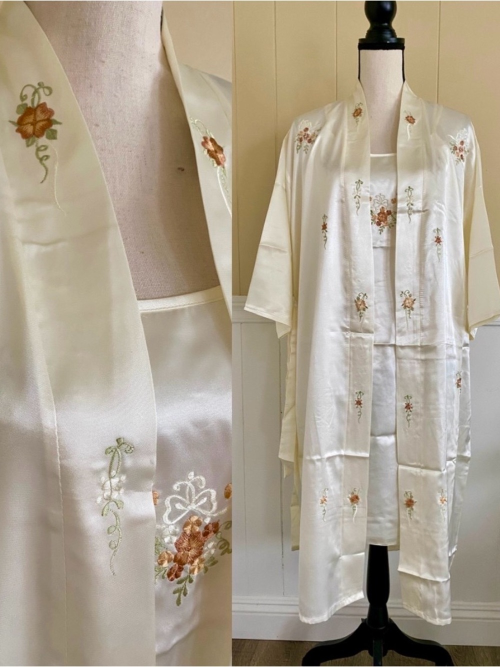 Silk Floral Embroidered Satin Kimono Robe Set